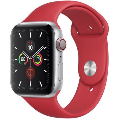 Apple Watch Series 5 Cellular 44mm Silver Aluminum Case with Red Sport Band - фото 22788