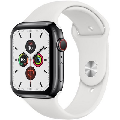 Apple Watch Series 5 Cellular 44mm Space Black Stainless Steel Case with White Sport Band - фото 22891