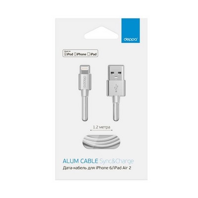 Дата-кабель USB Deppa ALUM MFI 8-pin Lightning алюминий/ нейлон D-72187 (1.2м) Серебристый - фото 36708