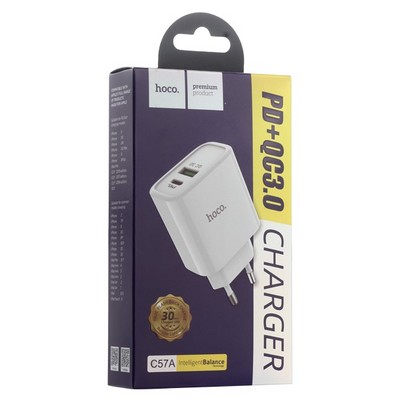 Адаптер питания Hoco C57A Speed charger PD+QC 3.0 (USB: 5V max 3.1A/ 18Вт) Белый - фото 37302