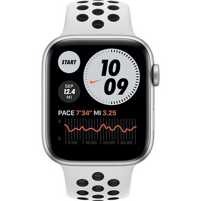 Apple Watch Nike Series 6 GPS 44mm (серебристый/чистая платина/черный) Nike Sport Band - фото 38500