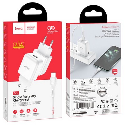 Адаптер питания Hoco N2 Vigour single port charger с кабелем Type-C (USB: 5V max 2.1A) Белый - фото 37431
