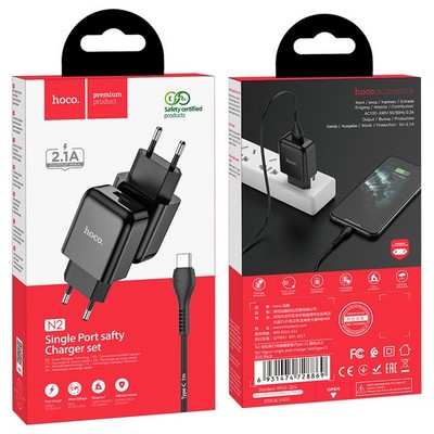 Адаптер питания Hoco N2 Vigour single port charger с кабелем Type-C (USB: 5V max 2.1A) Черный - фото 37432