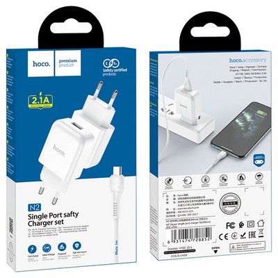 Адаптер питания Hoco N2 Vigour single port charger с кабелем MicroUSB (USB: 5V max 2.1A) Белый - фото 37429