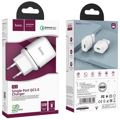 Адаптер питания Hoco N3 Special single port QC3.0 charger Apple&Android (USB: 3.6-6.5V 3.0A/6.6-9V 2.0A/18W) Белый - фото 55986
