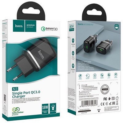 Адаптер питания Hoco N3 Special single port QC3.0 charger Apple&Android (USB: 3.6-6.5V 3.0A/6.6-9V 2.0A/ 18W) Черный - фото 37434