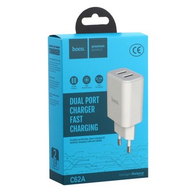 Адаптер питания Hoco C62A Victoria dual port charger (2USB: 5V max 2.1A) Белый - фото 34105