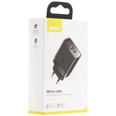 Адаптер питания Baseus Mirror Lake 18W PPS Digital Display Quick Charger A+C EU (USB+Type-C: 5V 3.0A Max) CCJMHC-A01 Черный - фото 34110