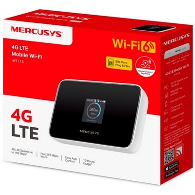 Модем Mercusys MT115 4G/LTE Wi-Fi 802.11n Wi-Fi 287Мбит/с, 4G LTE 150Мбит/с, UL 50Мбит/с, 2,4 ГГц чёрный - фото 107111