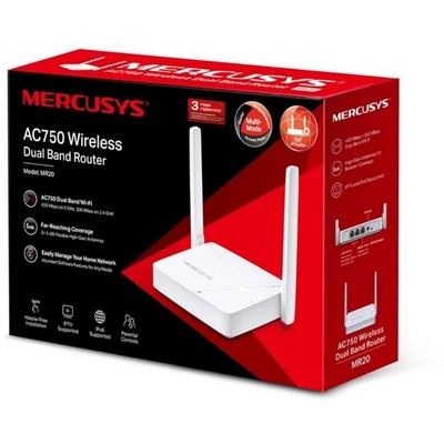 Беспроводной маршрутизатор Mercusys MR20, Wi-Fi 5 802.11ac 750Мбит/с, 2.4+5ГГц, 2xLAN, 1xWAN белый - фото 107392