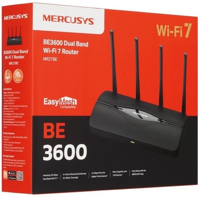 Беспроводной маршрутизатор Mercusys MR27BE, Wi-Fi 7 802.11be 3568Мбит/с, 2.4+5ГГц, 3xGLAN, 1xGWAN чёрный - фото 107403