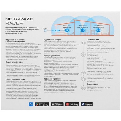 Беспроводной маршрутизатор Netcraze Racer (NC-4010), Wi-Fi 802.11ax 2,4+5 ГГц, 2x1 Гбит/с - фото 107544