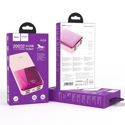 Аккумулятор внешний универсальный Hoco J42A 20000 mAh High power mobile power bank (4USB:5V-2.0A Max) Розовый - фото 38649