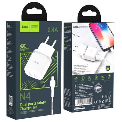 Адаптер питания Hoco N4 Aspiring dual port charger с кабелем Lightning (2USB: 5V max 2.4A) Белый - фото 55990