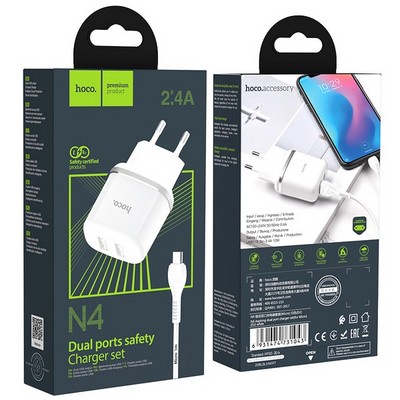 Адаптер питания Hoco N4 Aspiring dual port charger с кабелем MicroUSB (2USB: 5V max 2.4A) Белый - фото 39342