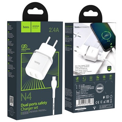 Адаптер питания Hoco N4 Aspiring dual port charger с кабелем Type-C (2USB: 5V max 2.4A) Белый - фото 55991