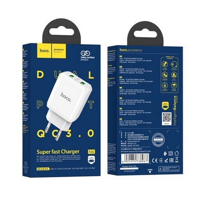 Адаптер питания Hoco N6 Charmer dual port QC3.0 charger (2USB: 5V max 3.0A) 18W Белый - фото 40534