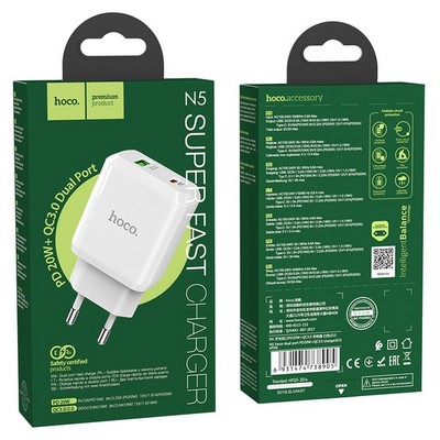 Адаптер питания Hoco N5 Favor dual port PD+QC 3.0 charger (USB: 5V max 3.0A/ 20Вт) Белый - фото 40539