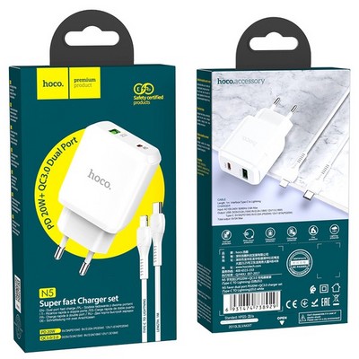 Адаптер питания Hoco N5 Favor dual port PD+QC 3.0 charger с кабелем Lightning to Type-C (USB: 5V max 3.0A/ 20Вт) Белый - фото 40541