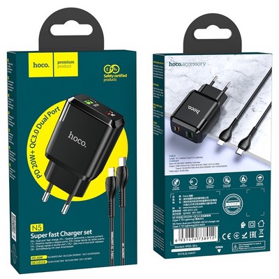 Адаптер питания Hoco N5 Favor dual port PD+QC 3.0 charger с кабелем Lightning to Type-C (USB: 5V max 3.0A/ 20Вт) Черный - фото 40542