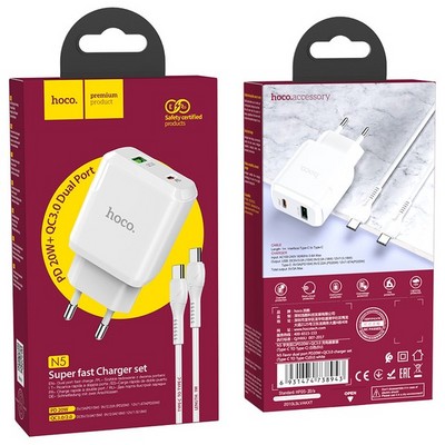 Адаптер питания Hoco N5 Favor dual port PD+QC 3.0 charger с кабелем Type-C to Type-C (USB: 5V max 3.0A/ 20Вт) Белый - фото 40543