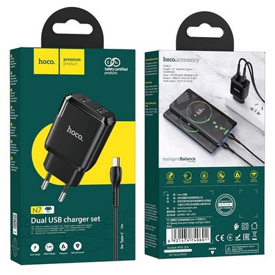 Адаптер питания Hoco N7 Speedy dual port charger с кабелем Type-C (2USB: 5V max 2.1A) Черный - фото 56122