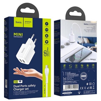 Адаптер питания Hoco N8 Briar dual port charger с кабелем MicroUSB (2USB: 5V max 2.4A) Белый - фото 56125