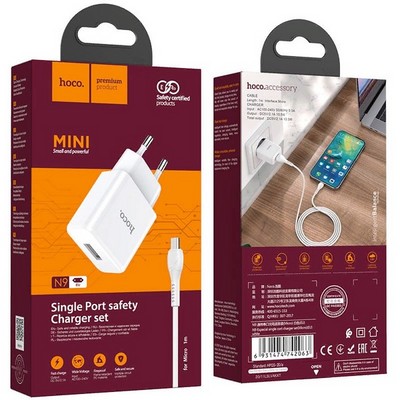 Адаптер питания Hoco N9 Especial single port charger с кабелем MicroUSB (USB: 5V max 2.1A) Белый - фото 56128