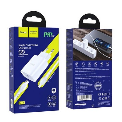 Адаптер питания Hoco N14 Smart Charging single port PD20W+QC3.0 charger с кабелем Type-C to Lightning (USB-C: 5V max 3A/ 20Вт) Белый - фото 42876