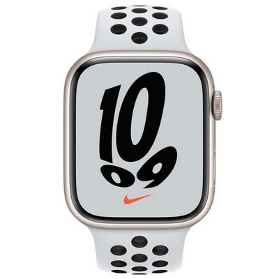 Apple Watch Nike Series 7 GPS 45mm Starlight Aluminium Case with Pure Platinum/Black Nike Sport Band (чистая платина/чёрный) MKNA3RU - фото 44915
