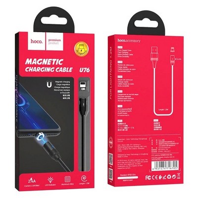 Дата-кабель USB Hoco U76 Magnetic charging data cable for Lightning (1.2м) (2.4A) Черный - фото 55805