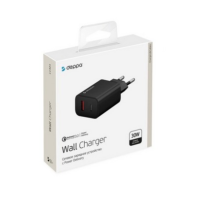 Адаптер питания Deppa USB Power Delivery+QC 3.0 30Вт D-11421 (Type-C+USB: 5В/ 3А, 9В/ 2А, 12В/ 1.5А) Черный - фото 45965