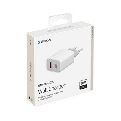 Адаптер питания Deppa USB Power Delivery+QC 3.0 30Вт D-11420 (Type-C+USB: 5В/ 3А, 9В/ 2А, 12В/ 1.5А) Белый - фото 49520