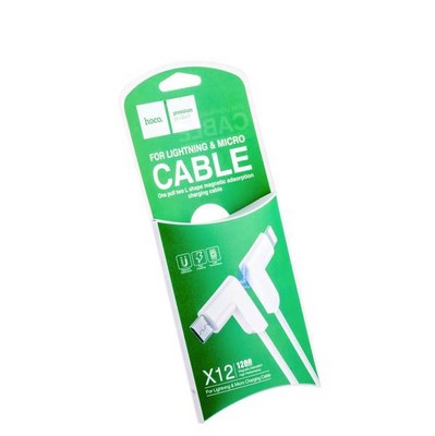 Дата-кабель USB Hoco X12 One Pull Two L Shape Magnetic Adsorption Cable 2в1 Lightning&microUSB (1.2м) White - фото 55907