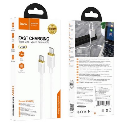 Дата-кабель Hoco U109 Fast charging data cable Type-C to Type-C (20V-5A, 100Вт Max) 1.2 м Белый - фото 56199