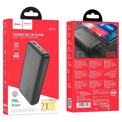 Аккумулятор внешний универсальный Hoco J87A 20000 mAh Tacker PD20W+QC3.0 power bank (USB:5V-3.0A Max) Черный - фото 56219