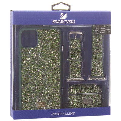 Набор SWAROVSKI 3в1 (чехол для iPhone 11 Pro Max (6.5")+ремешок для Apple Watch 44/42+чехол для Air Pods Pro) Темно-зеленый - фото 52793