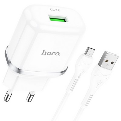 Адаптер питания Hoco N3 Special single port QC3.0 charger с кабелем MicroUSB (USB: 3.6-6.5V 3.0A/6.6-9V 2.0A/ 18W) Белый - фото 53164