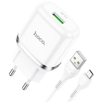 Адаптер питания Hoco N3 Special single port QC3.0 charger с кабелем MicroUSB (USB: 3.6-6.5V 3.0A/6.6-9V 2.0A/ 18W) Белый - фото 53165