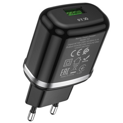 Адаптер питания Hoco N3 Special single port QC3.0 charger с кабелем Type-C (USB: 3.6-6.5V 3.0A/6.6-9V 2.0A/ 18W) Черный - фото 53171