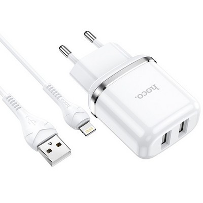 Адаптер питания Hoco N4 Aspiring dual port charger с кабелем Lightning (2USB: 5V max 2.4A) Белый - фото 53174