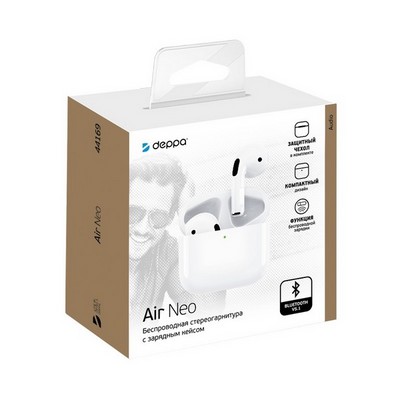Bluetooth-гарнитура Deppa Air Neo TWS BT 5.0 (D-44169) 1:1 с зарядным устройством и чехлом Белый - фото 53955