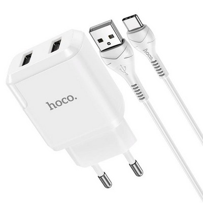 Адаптер питания Hoco N7 Speedy dual port charger с кабелем Type-C (2USB: 5V max 2.1A) Белый - фото 54518