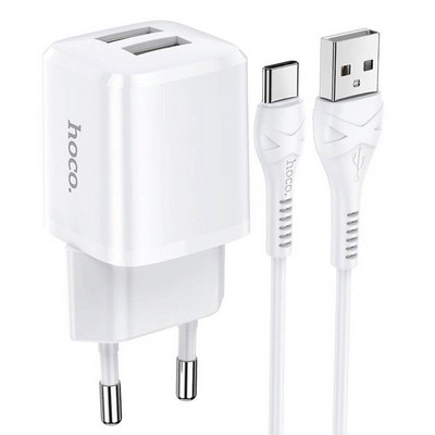 Адаптер питания Hoco N8 Briar dual port charger с кабелем MicroUSB (2USB: 5V max 2.4A) Белый - фото 54534