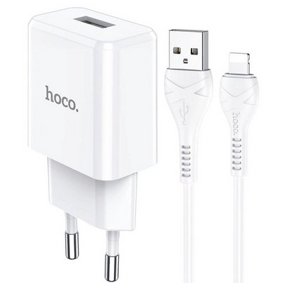 Адаптер питания Hoco N9 Especial single port charger с кабелем Lightning (USB: 5V max 2.1A) Белый - фото 54543