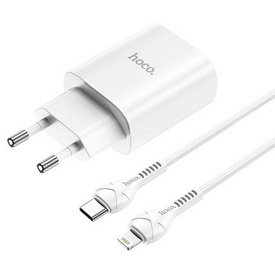 Адаптер питания Hoco N14 Smart Charging single port PD20W+QC3.0 charger с кабелем Type-C to Lightning (USB-C: 5V max 3A/ 20Вт) Белый - фото 54565