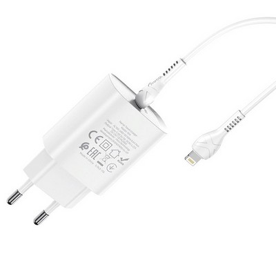 Адаптер питания Hoco N14 Smart Charging single port PD20W+QC3.0 charger с кабелем Type-C to Lightning (USB-C: 5V max 3A/ 20Вт) Белый - фото 54566