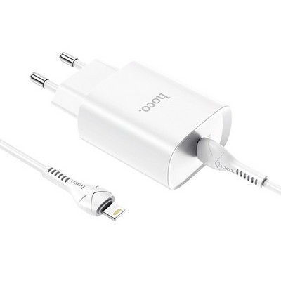 Адаптер питания Hoco N14 Smart Charging single port PD20W+QC3.0 charger с кабелем Type-C to Lightning (USB-C: 5V max 3A/ 20Вт) Белый - фото 54567