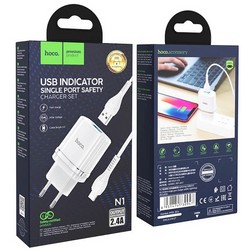 Адаптер питания Hoco N1 Ardent single port charger с кабелем Lightning (USB: 5V max 2.4A) Белый