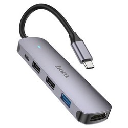 Переходник Hoco HB27 Type-C multifunction adapter PD, USB3.0, 2хUSB2.0, HDMI, 4К при 30 Гц, 60W, для MacBook Графитовый